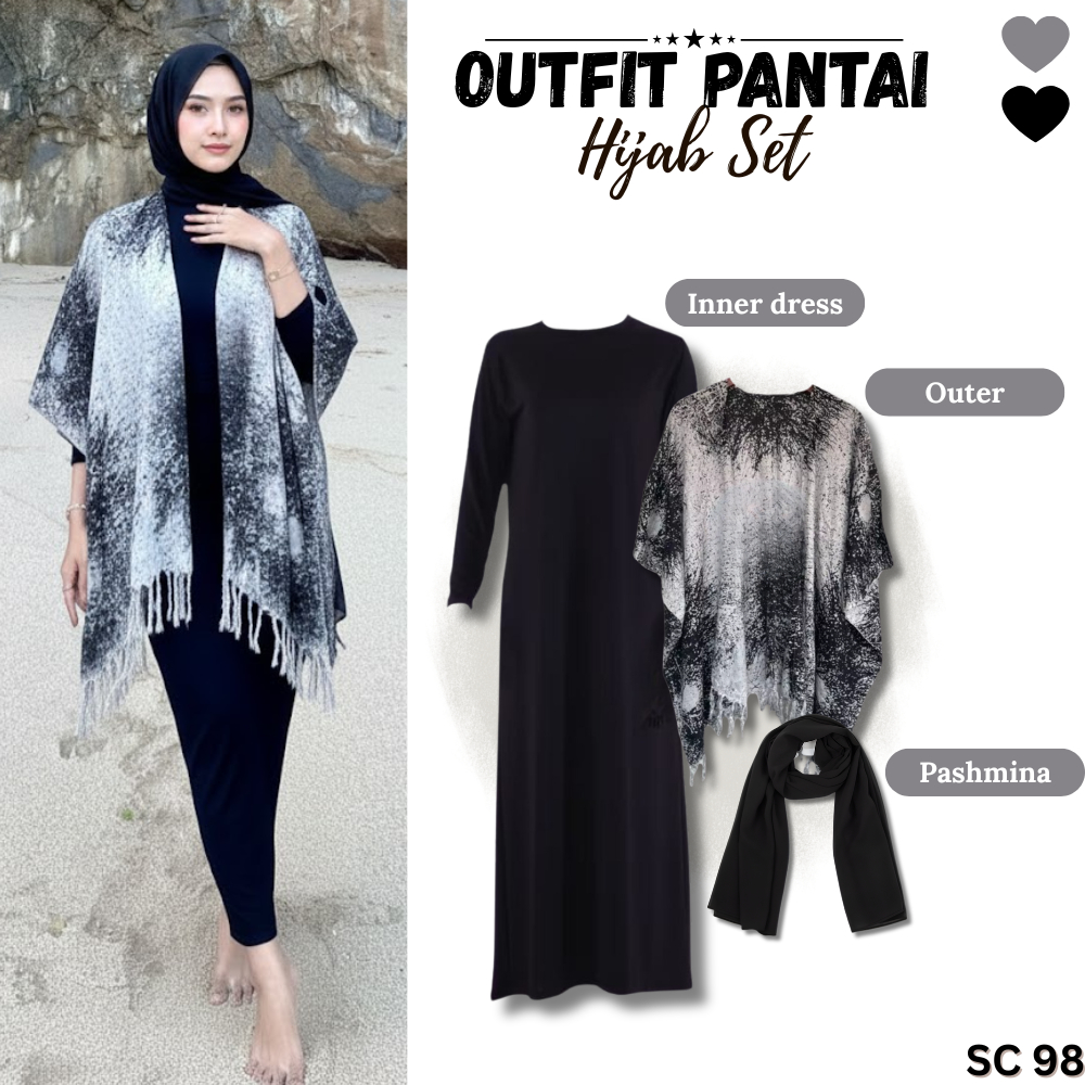 3IN1 Setelan Hijab Wanita Kekinian (Inner Dress, Outer, Pasmina) Outfit Pantai - SC98