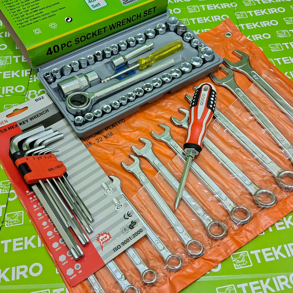 PAKET HEMAT Kunci 1 Set Lengkap Kunci Shock Set Toolkit 40Pc + Kunci Ring Pas Set + Kunci L Kombinas
