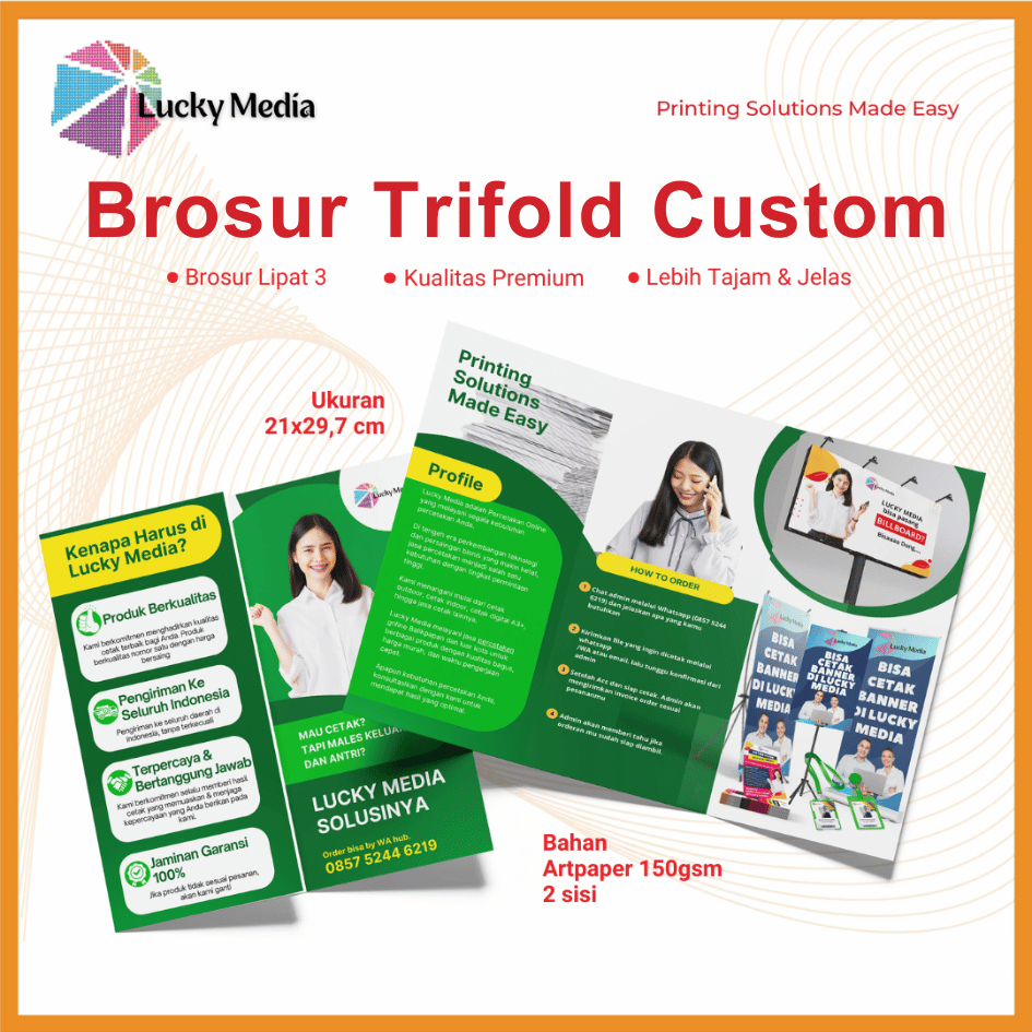 Cetak Brosur Trifold Lipat 3 ukuran A4 100pcs Leaflet Custom Flyer 1 Sisi 2 Sisi Brosur Lipat Murah