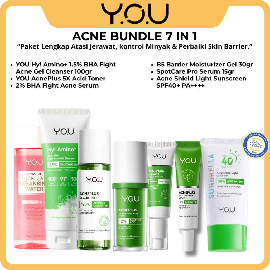 YOU Acne Shield Complete 7 in 1 Paket Skincare Jerawat Cleanser Toner Serum Moisturizer Sunscreen
