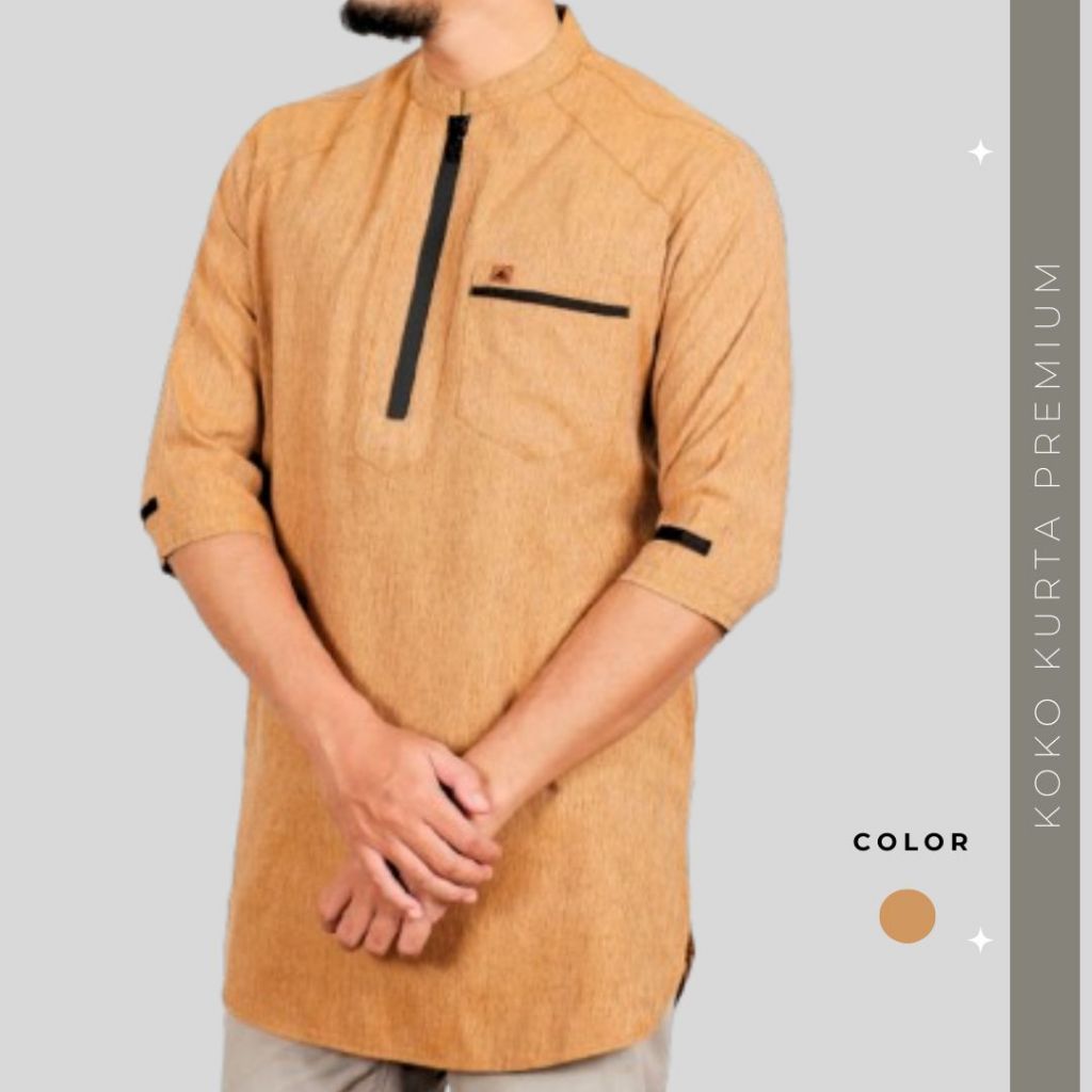 AZLINA Baju Koko Kurta Pria Lengan 3/4 bahan Katun premium warna Mustard size M-XXL Modern