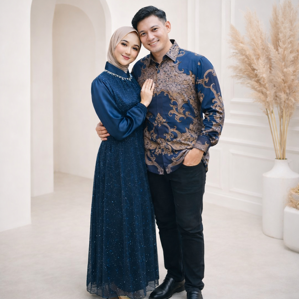SARIMBIT Baju Couple Gamis Brokat Velvet Katun Modern Elegan Lebaran Multiwarna