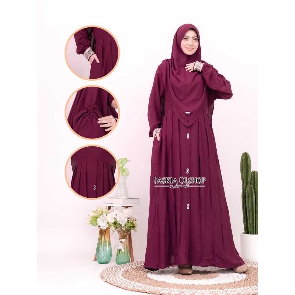 MAWA 3 - (FREE HIJAB) Baju Gamis Dress Busui Syari Set Khimar Cringkle Airflow Premium Terbaru 2026 