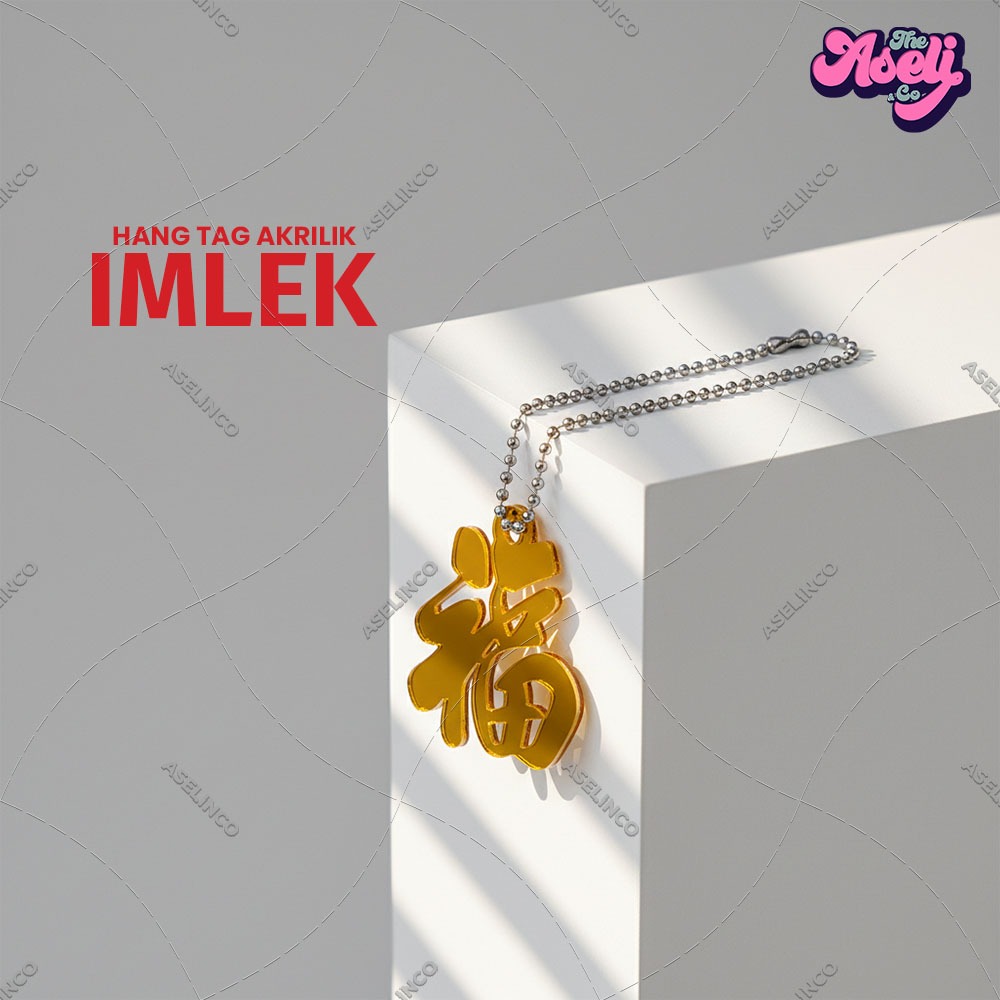 Hang tag akrilik imlek, hang tag fu bahan akrilik miror gold untuk hampers gantungan imlek