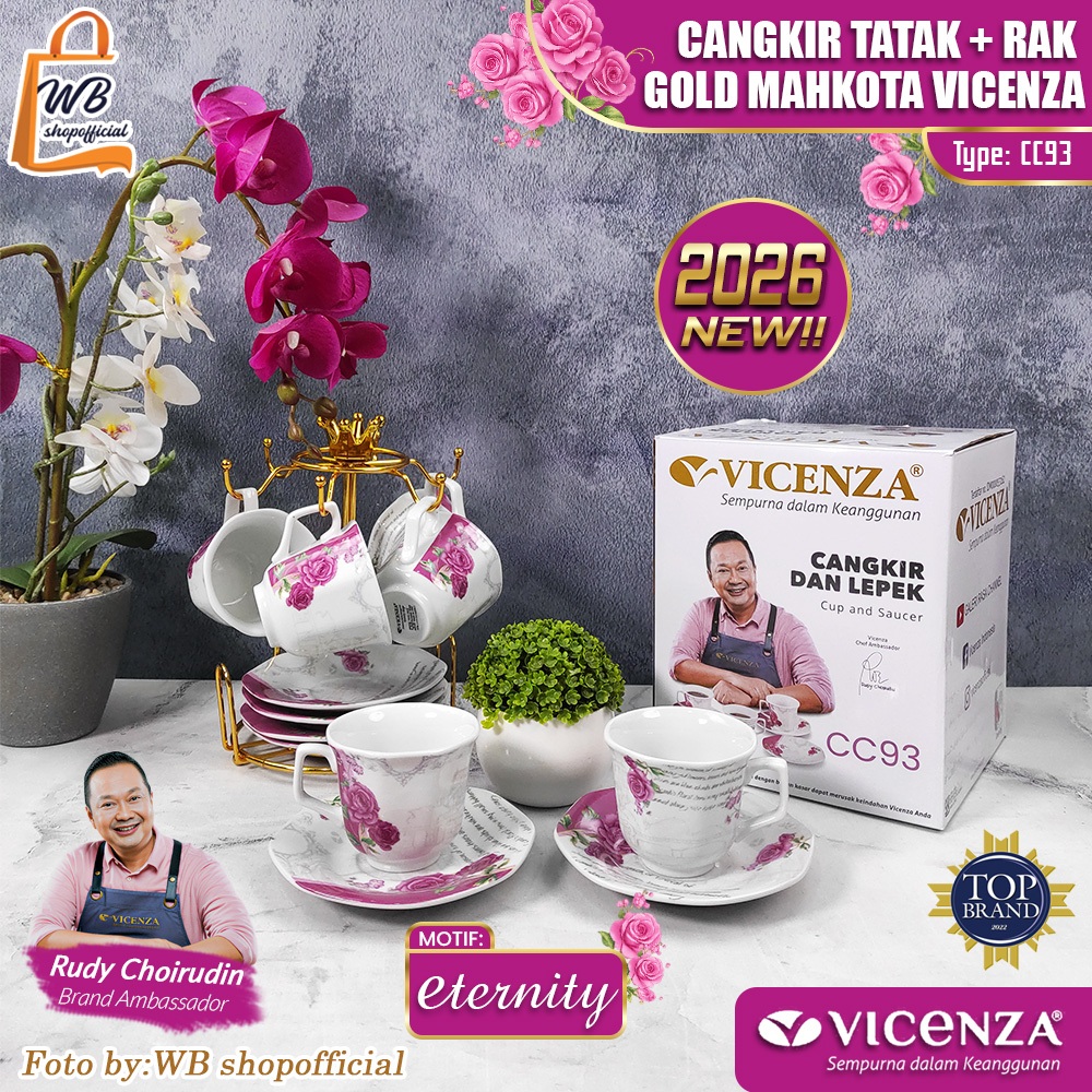 NEW VICENZA Cangkir set 6psg + rak motif eternity / ceramic tea set cup and saucer CCC-93