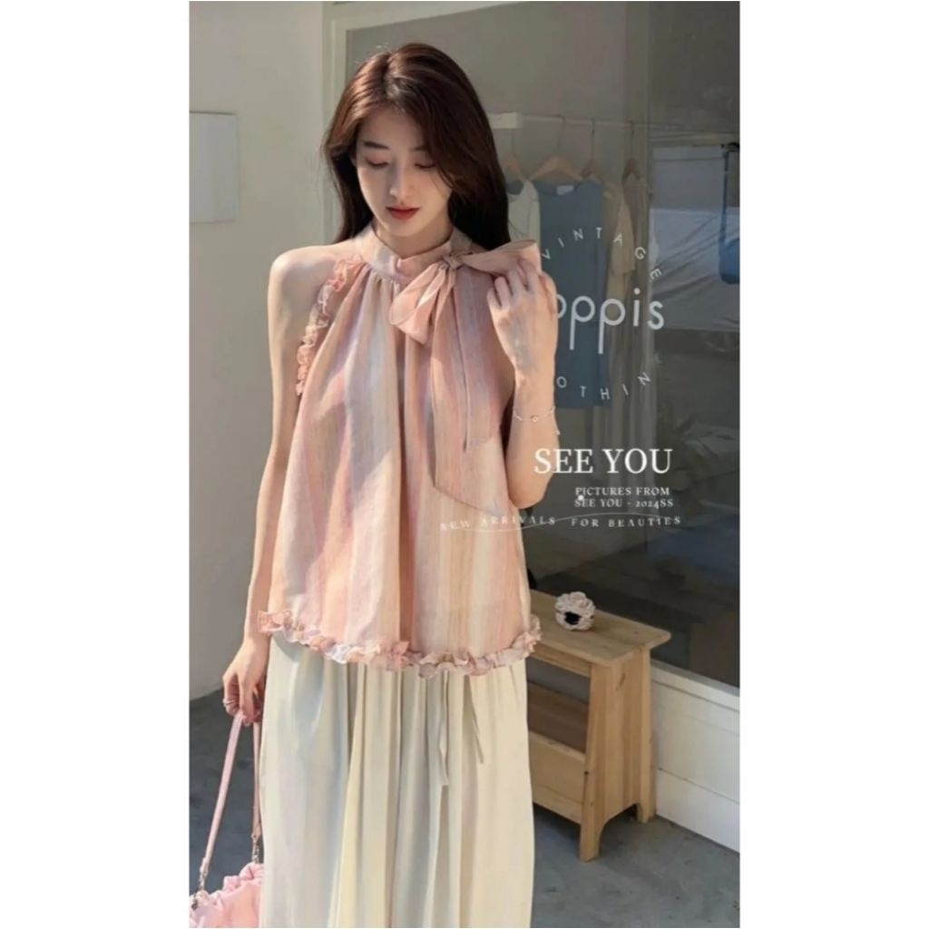COOKIE BASIC Korean Halter Neck Ruffle Sleeveless Top With Ribbon Tie in Peach