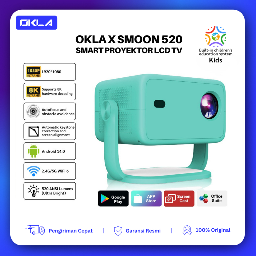 OKLA x SMOON 520 Smart Projector LCD TV - Proyektor Pintar- Android 14 - Netflix Youtube - App Kids 