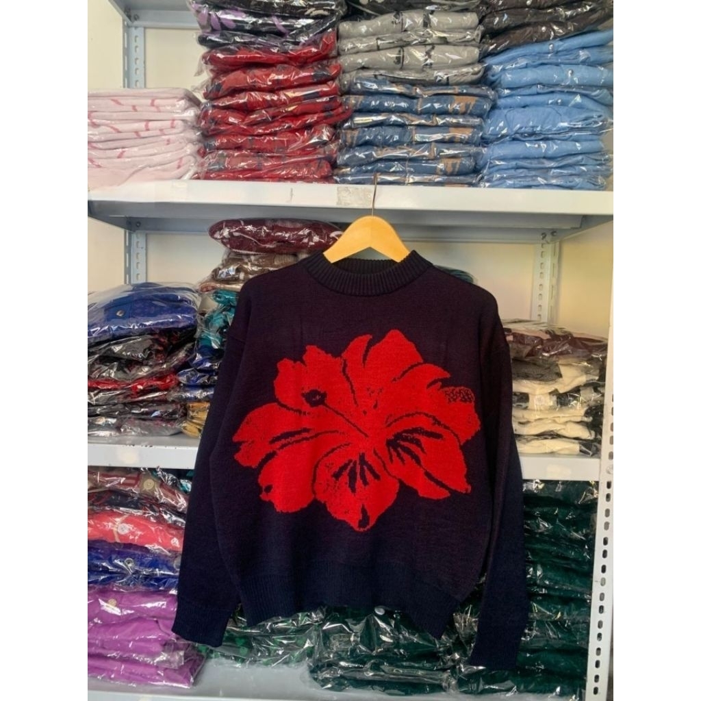 Athena Premium Knit Sweater Oversize Motif Bunga Hibiscus Rajut