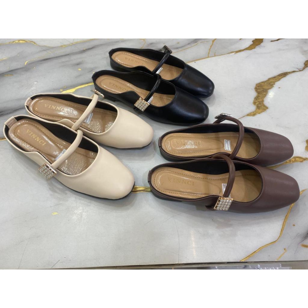 KDS | VNC Loafers Lokal Brand WanitaMatte Sepatu Mules Wanita Pearl Strap Sepatu Pesta Bustong Tali 