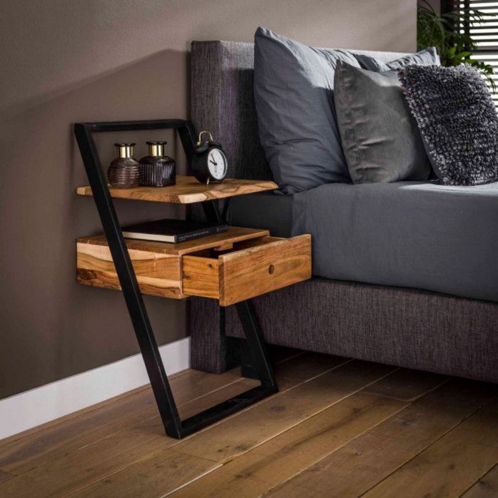 Bedside Table Industrial Jati Modern Nakas Dipan Besi Laci Penyimpanan Barang