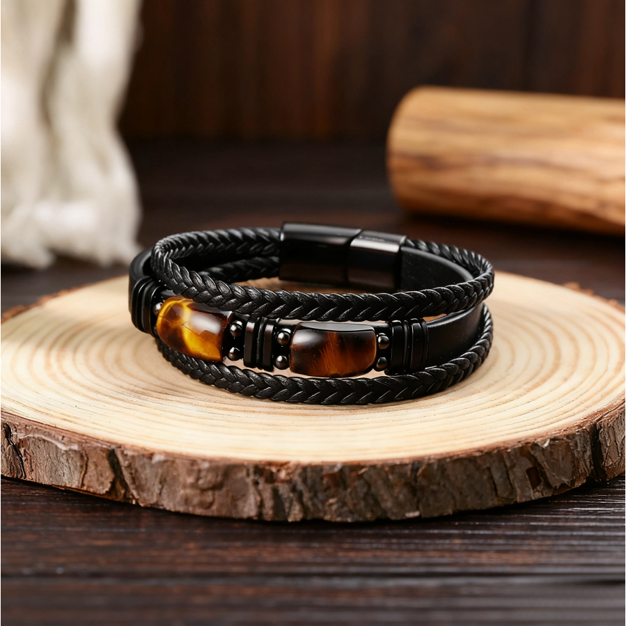 Gelang Kulit Asli Pria Batu Alam Mata Harimau Mewah Gelang Pria Hitam Keren dari Baja Titanium