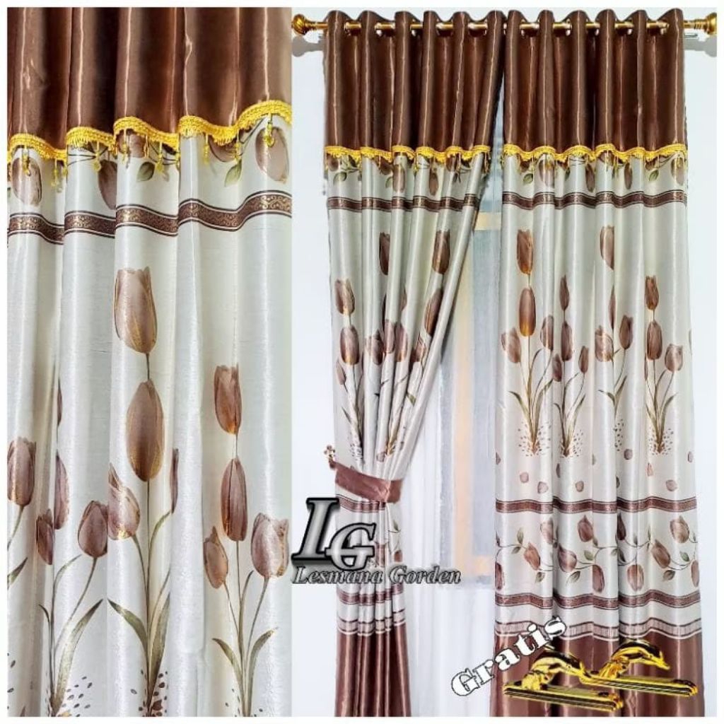 gorden poni tempel rumbai motif bunga tulif mewah bahan kain blackout tebal
