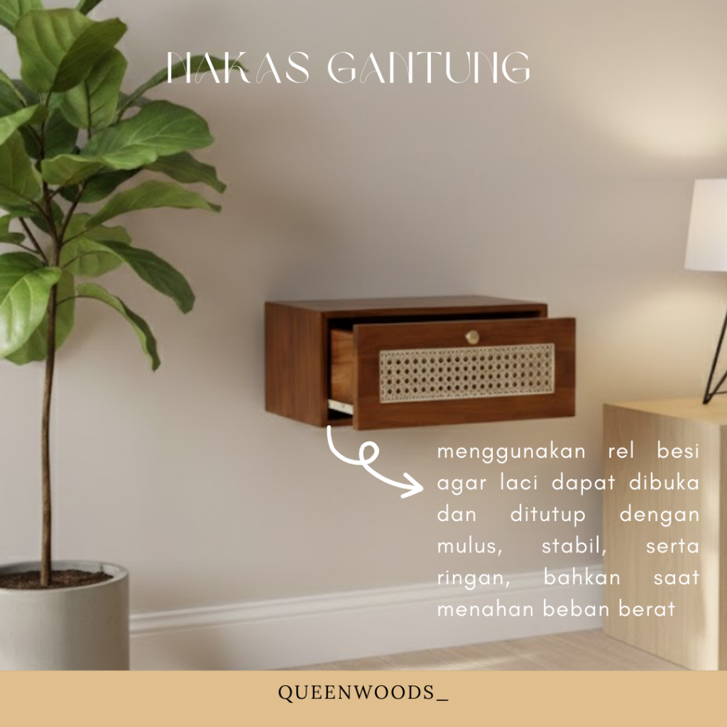 TERMURAH Meja Nakas Gantung Kayu Jati  Solid Kokoh Aesthetic Rotan Bedsite Table Nakas Melayang