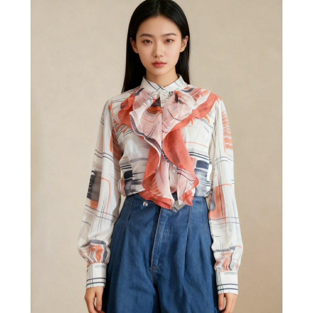 ZARA BLOUSE RUFFLE SATIN ABSTRACT KEMEJA KOREA ORIGINAL