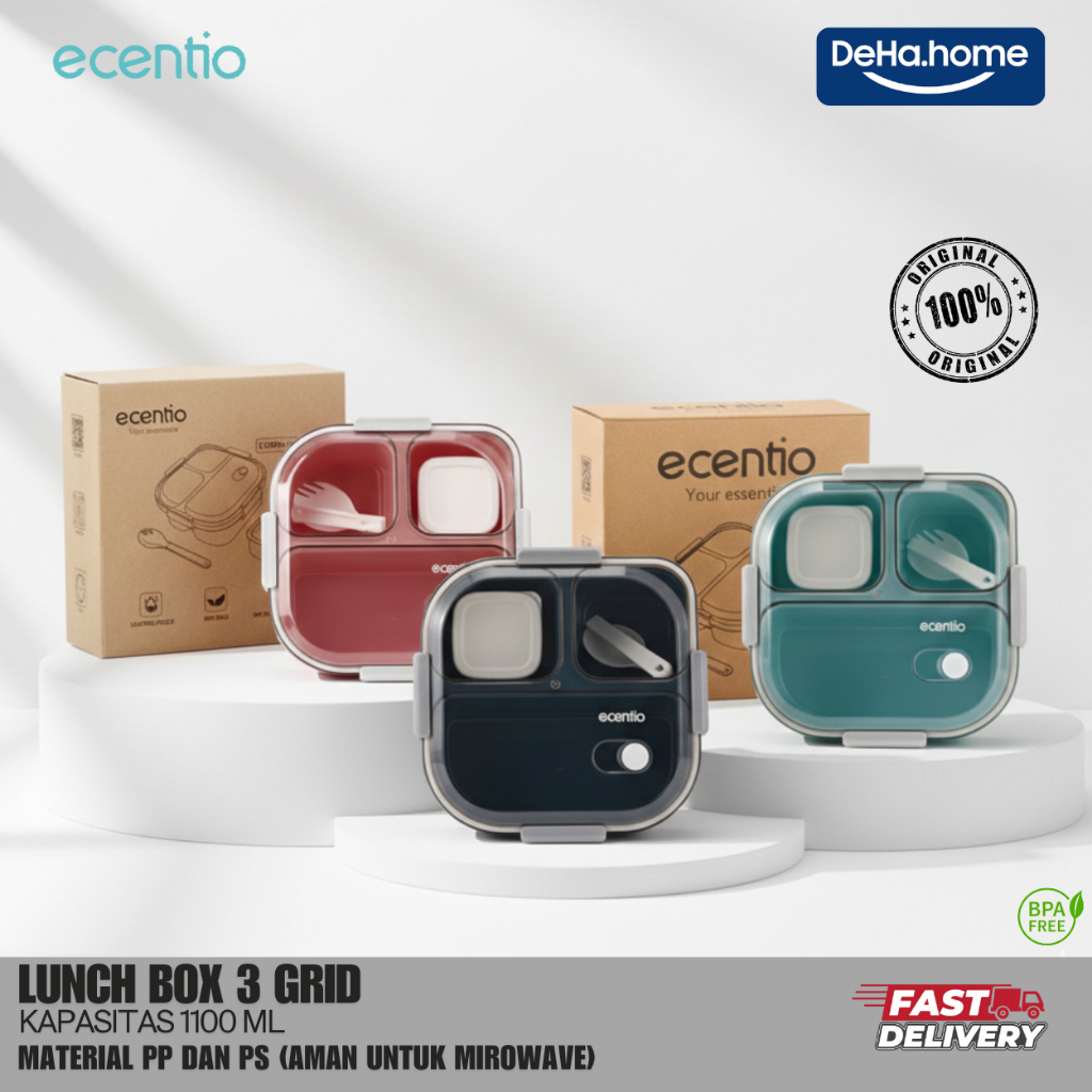 ecentio Kotak Makan/lunch box 3 Grid 1100ml + 100ml