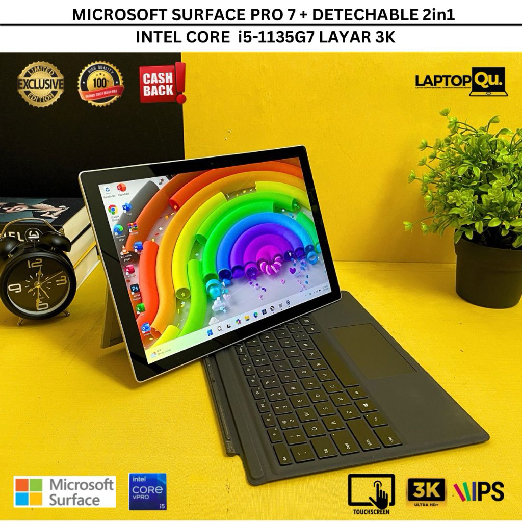 MICROSOFT SURFACE PRO 7+ DETACHABLE 2in1 i5-1135G7 RAM 8GB/SSD 256GB/LAYAR 3K/LIKENEW