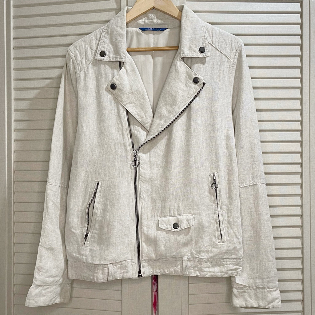 Zara Man - Linen Quilted Biker Jacket - Off White - Size M fit L