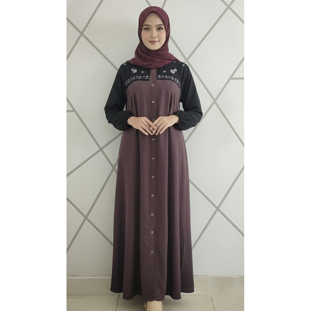 gamis ghaya plum hitam bordir wanita terbaru lebaran
