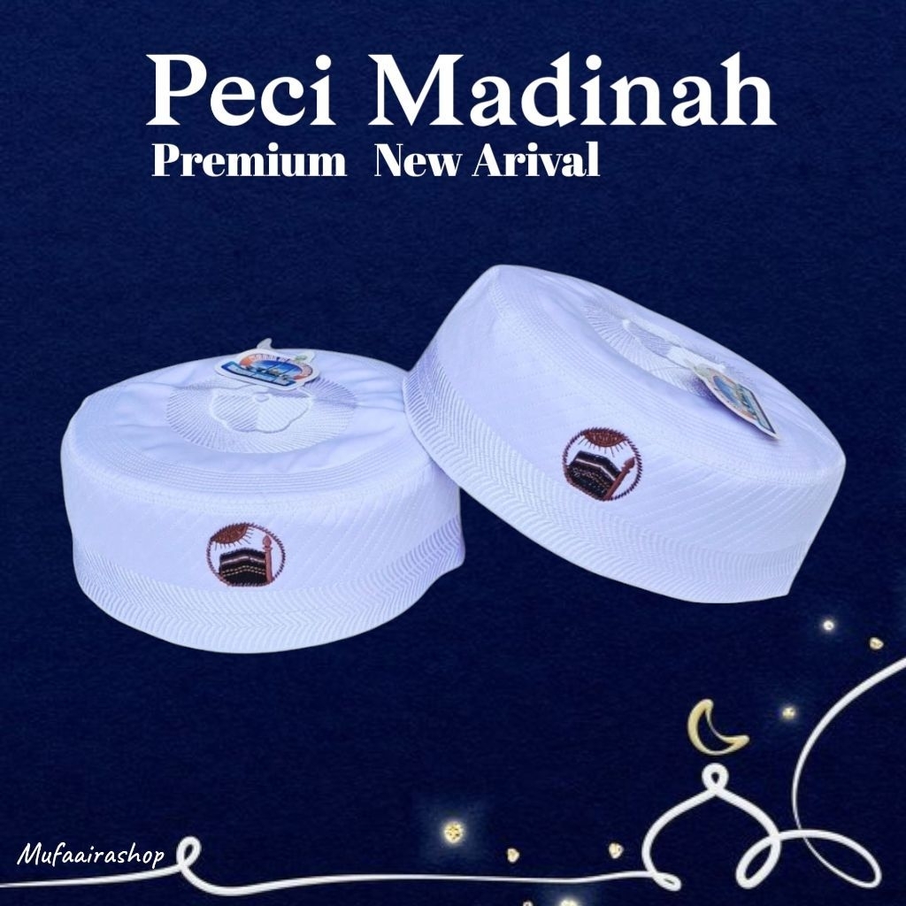 PECI MADINAH MOTIP KABAH KOPIAH HAJI DAN UMROH PECI PUTIH DEWASA MUSLIM WARNA PUTIH