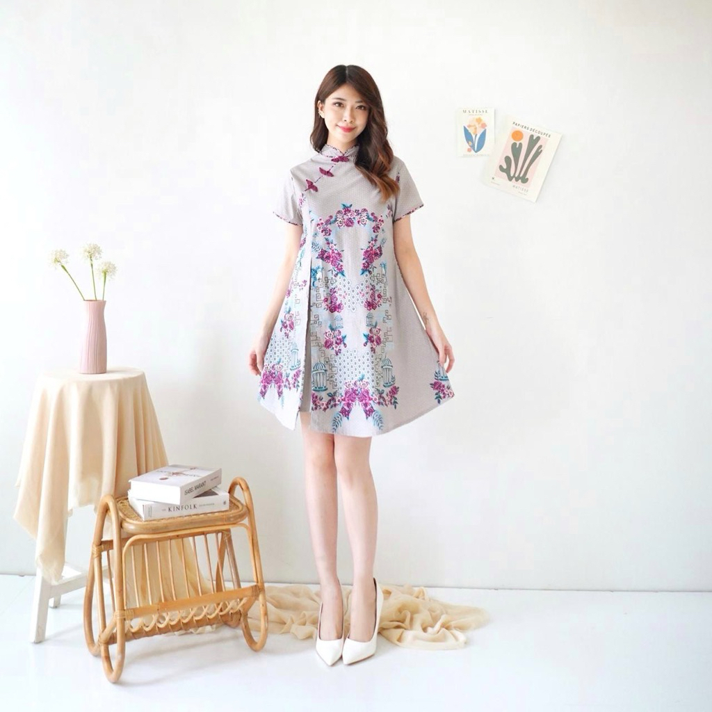 Dress batik cheongsam qb130 greyish purple