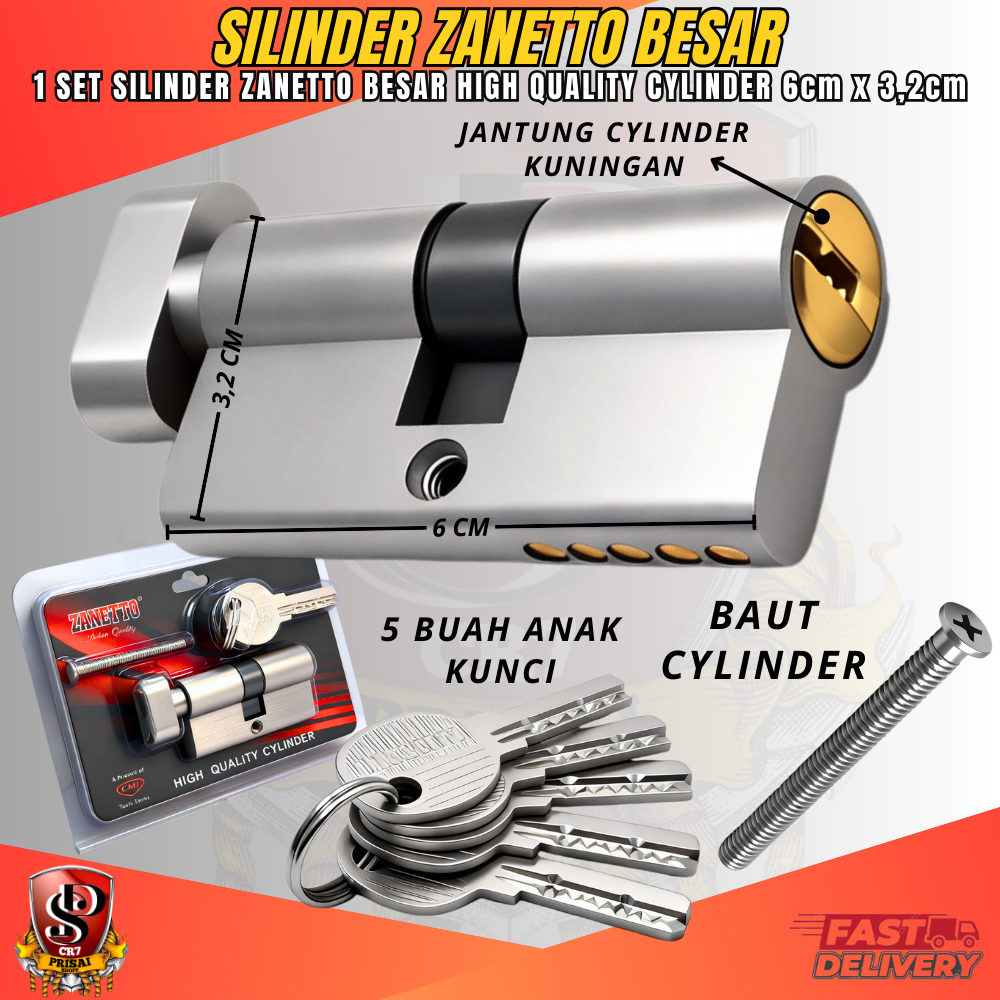 Cylinder Knop Kunci Pintu ZANETTO Stainless Steel Ukuran BESAR 6x3,2cm Silinder Knob Jantung Kuninga