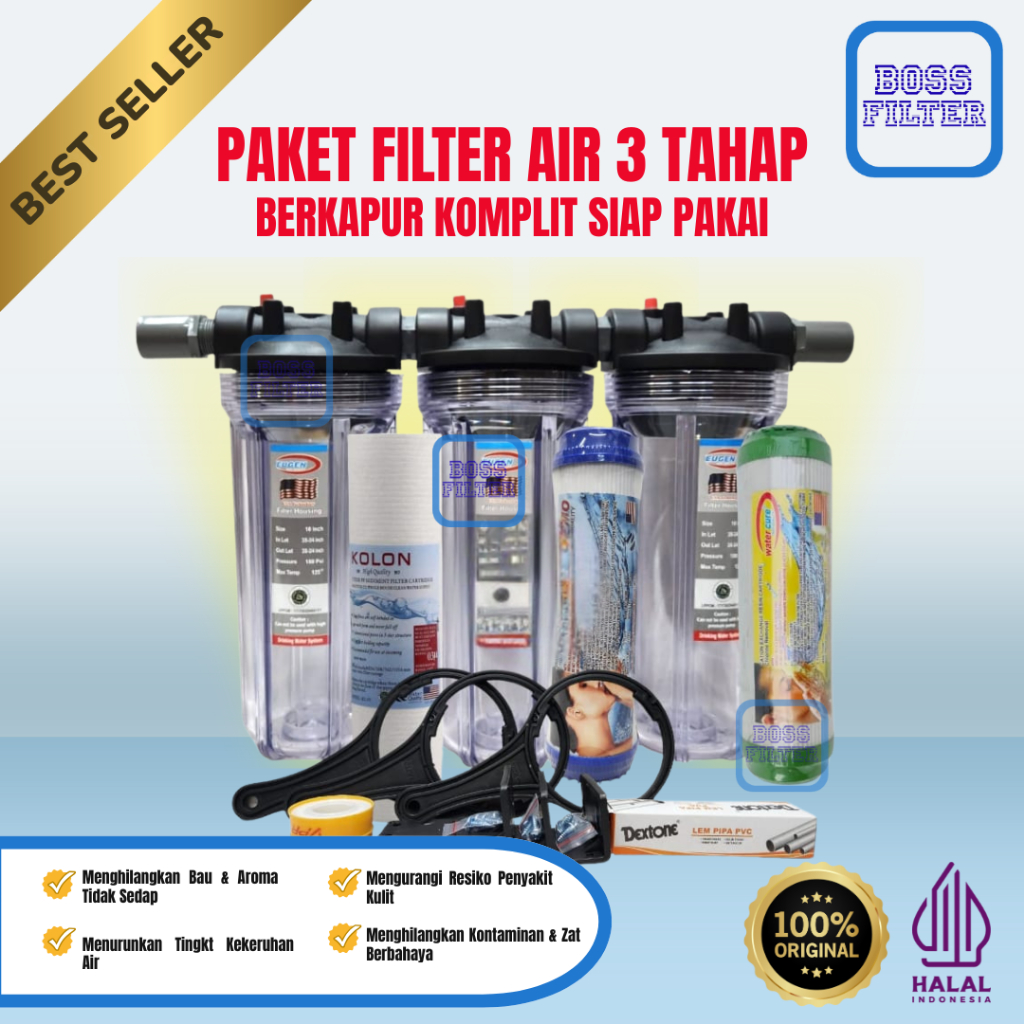FILTER AIR SUMUR Paket Filter Air 3 Tahap Sedimen GAC Resin 10 Inci untuk Air Sumur dan PDAM, Saring