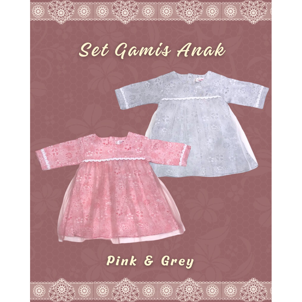 Set Gamis Anak dan Hijab Bergo Anggun Elegan Pink & abu