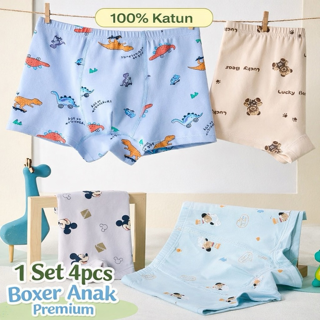 4 Pcs celana dalam anak laki laki boxer premium import bahan katun Bal03