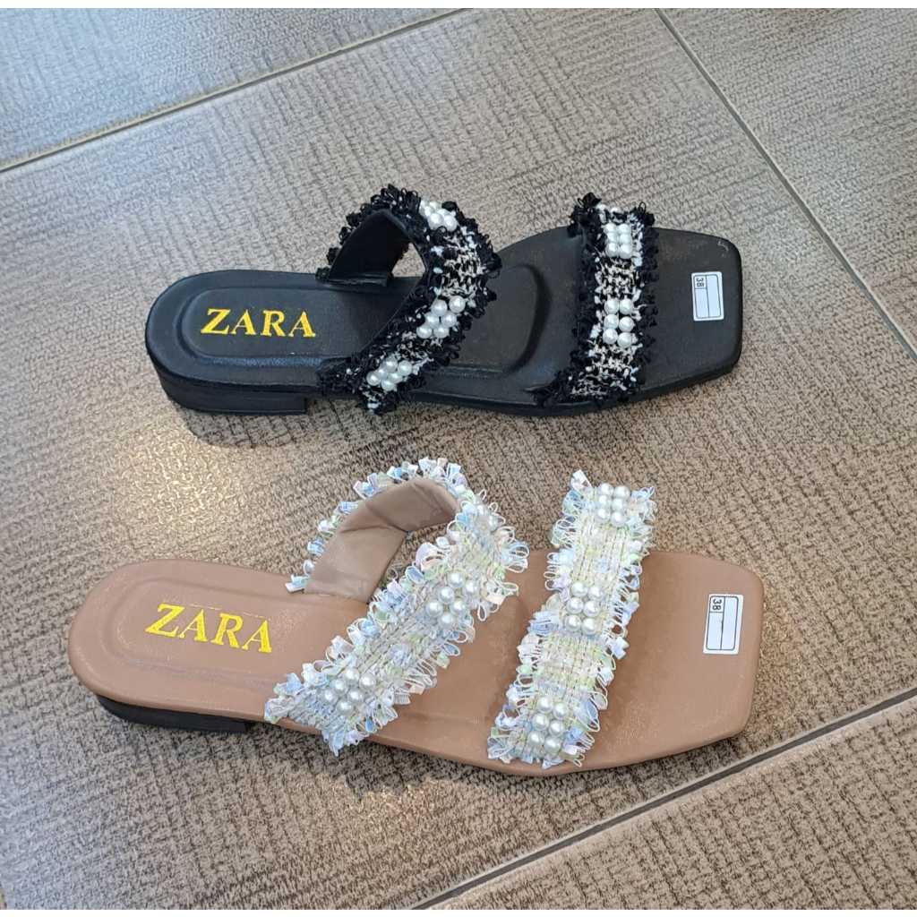 KDS | Zara Sandal Flat Tweed Mutiara Sandal Selop Wanita Tweed Pearl Sandal Zara Import Mutiara