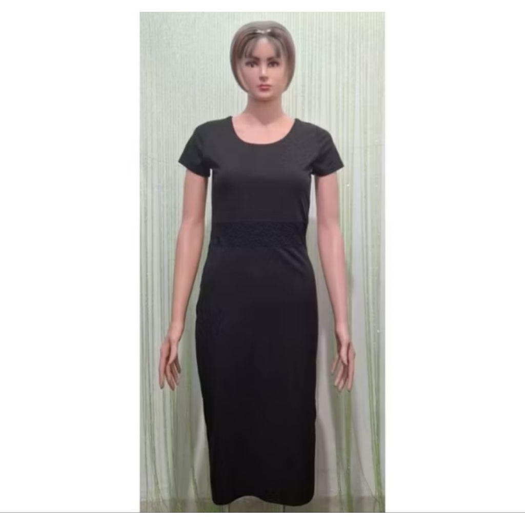 dress wanita panjang hitam polos, pinggang brukat lengan pendek