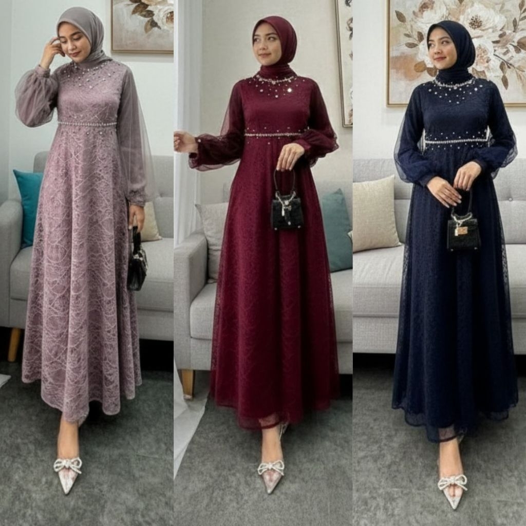 Gamis Maxi dengan Detail Brukat untuk Acara Pesta dan Lebaran - Model Modern