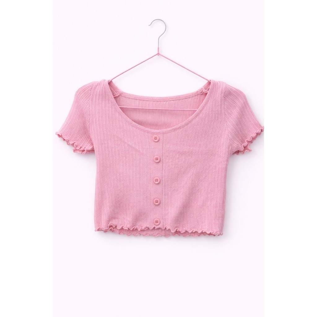 Crop top rajut wanita kancing depan pink