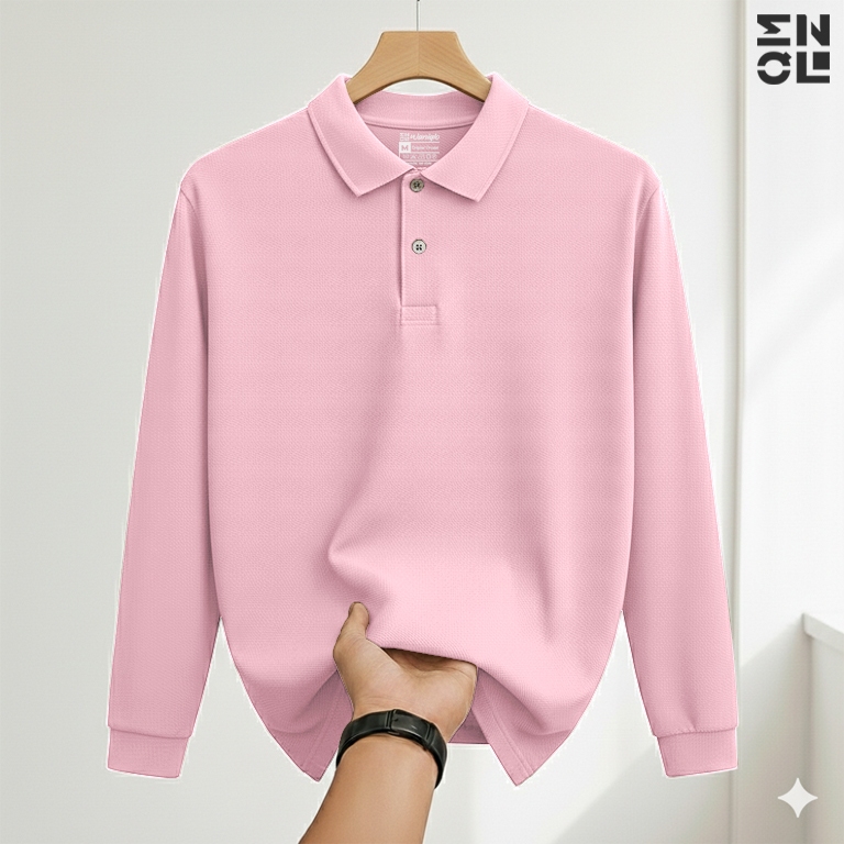 Waniqlo - Kaos Polo Outfit Kerah Lengan Panjang Polos Terkeren Pria & Wanita Baju Kerah - Pink