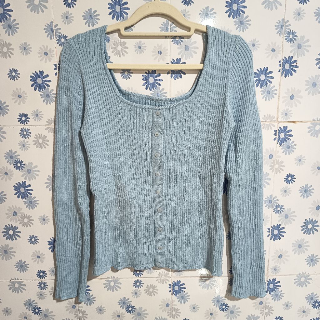 Cardigan Rajut Knit Lidi Knitwear Square Neck Biru Nt Uniqlo Zara GU