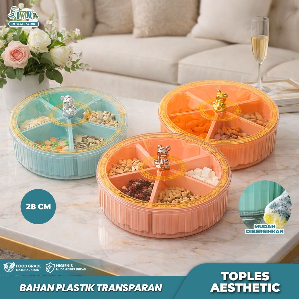 Sinda Toples Makanan Bulat dengan 5 Sekat Besar Penyimpanan Camilan Snack untuk Ruang Tamu dan Kelua