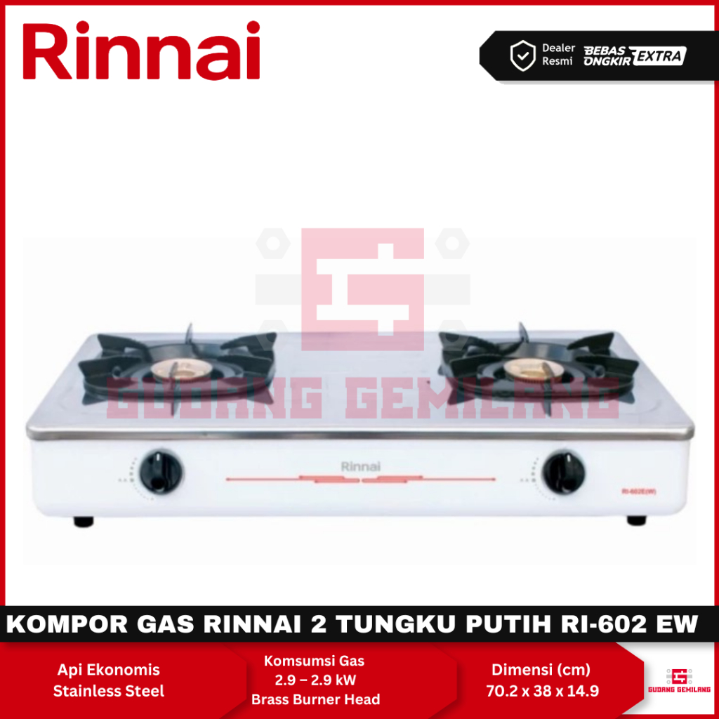 Kompor Gas RINNAI 2 Tungku Putih RI-602EW Stainless Steel RINNAI