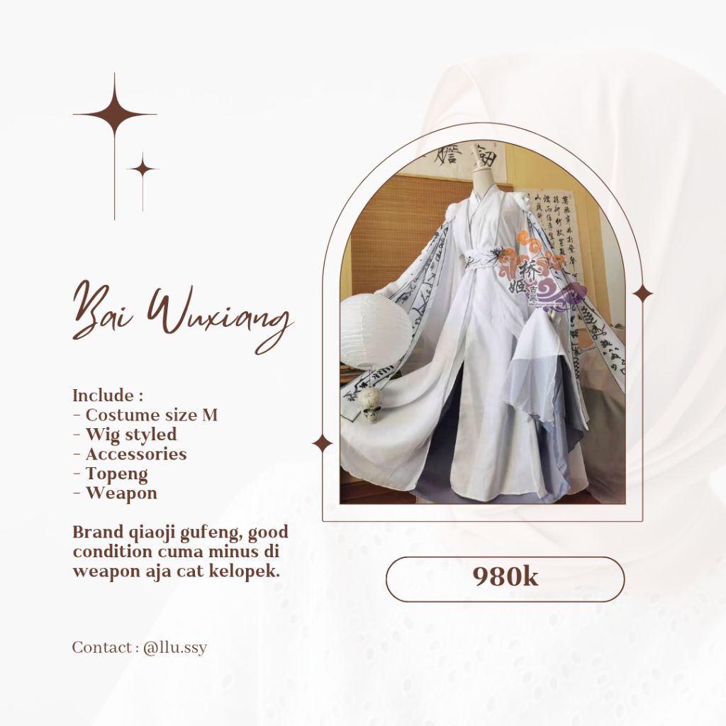 WTS Cosplay Bai Wuxiang Heaven Official's Blessing White No Face TGCF Costume Wig Props Fullset Prel
