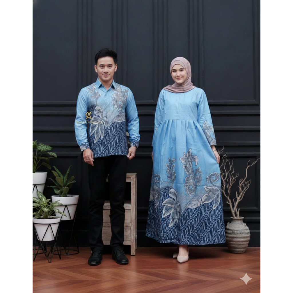 Set Batik Couple Pria Wanita Biru Muda Elegan | Kemeja Pria & Gamis | Acara Resmi