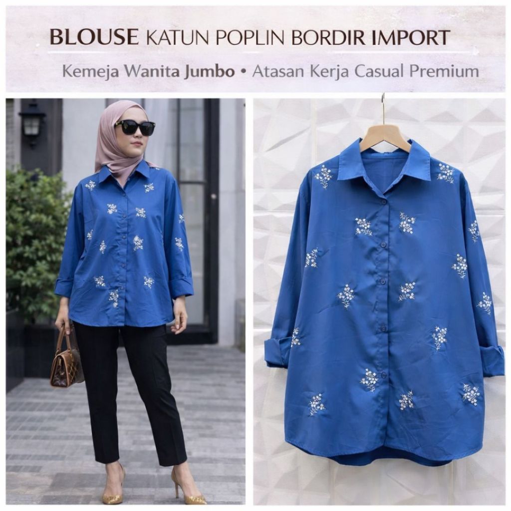 Blouse Katun Poplin Bordir Import Wanita | Kemeja Wanita Lengan Panjang Jumbo | Atasan Kerja Casual 