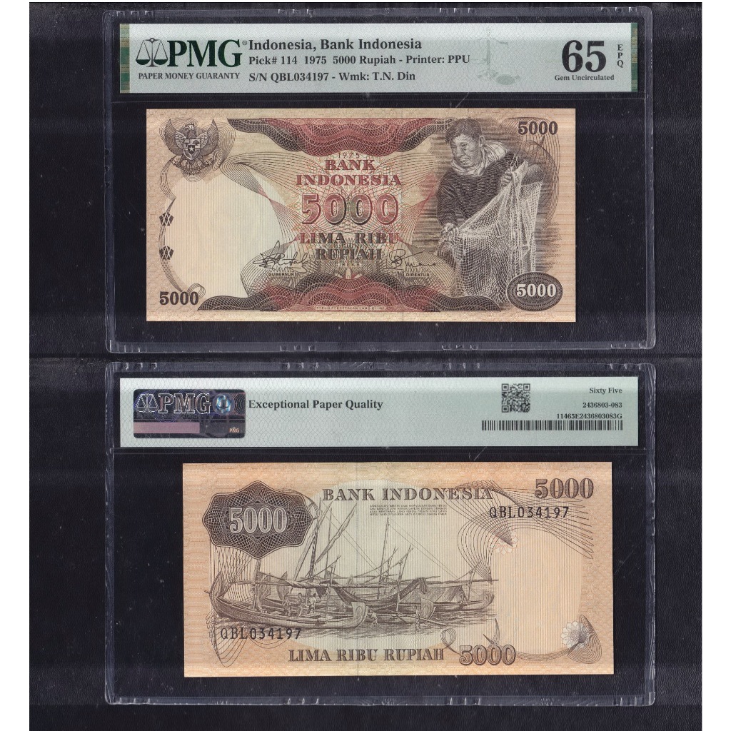 Uang kuno PMG 65 EPQ - 5000 rupiah  tahun 1975 'Nelayan Penjala Ikan S/N QBL034197