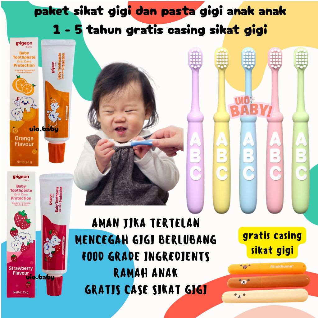 Paket sikat gigi dan pasta gigi bayi 0 - 2 tahun gratis case sikat gigi aman jika tertelan pigeon