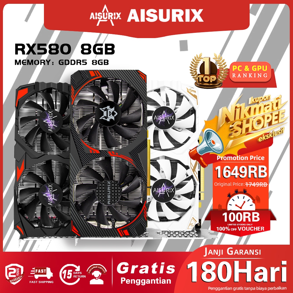 AISURIX VGA Card RX 580 8GB DDR5 256Bit 2048SP RX580 Kantor Kerja Game Kartu Video