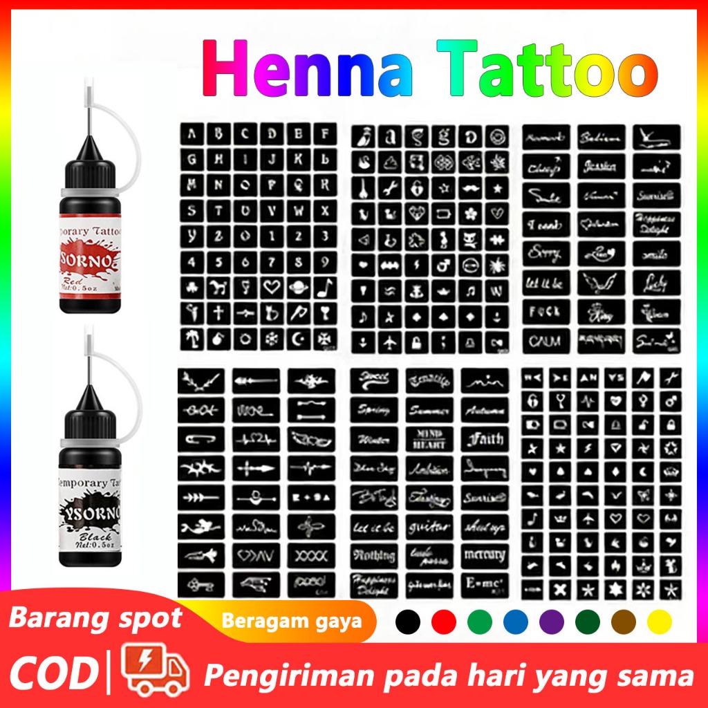 Set tinta Henna tato original 100% + stiker tato, tinta tatto 10ml / Warna Ekstrak Tumbuhan Alami Mu