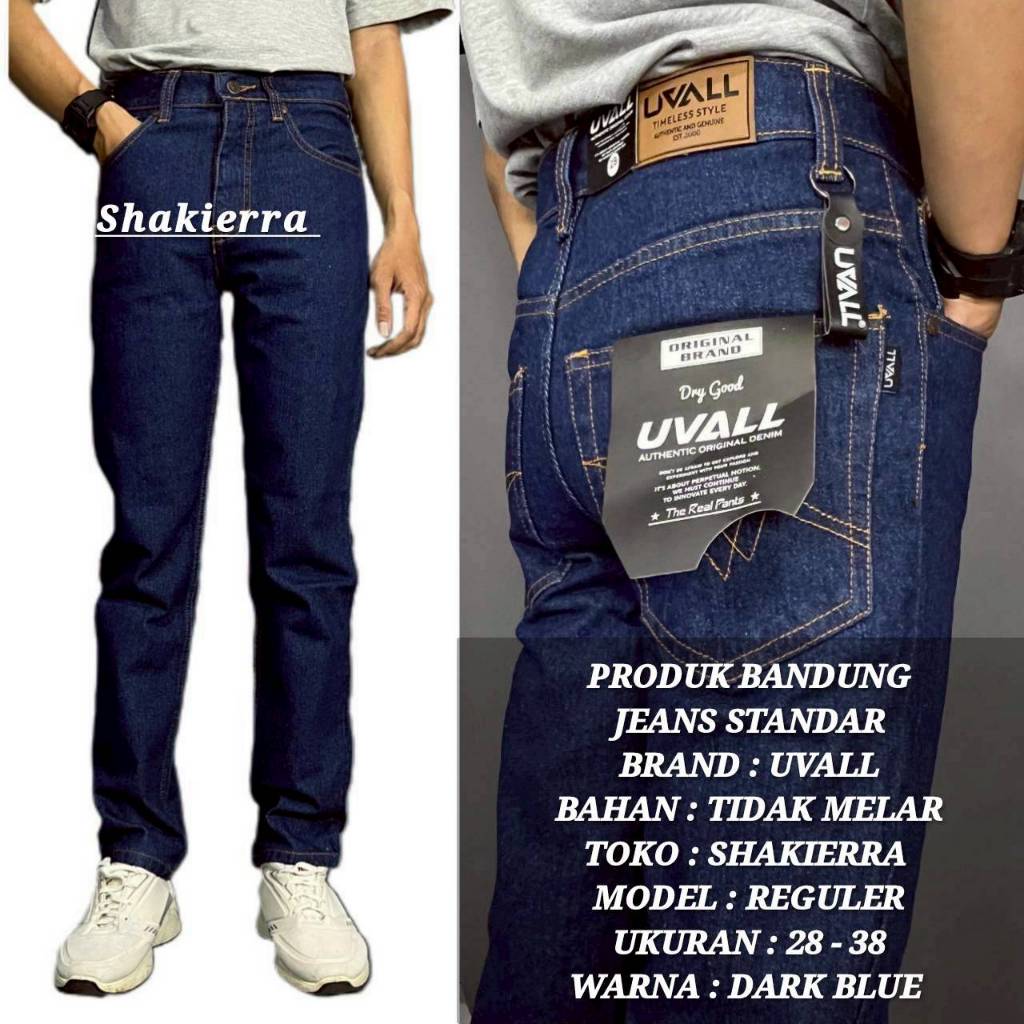 UVALL - Celana Jeans Denim Panjang Pria Standar Reguler Ori Pants Cowok Warna Dark Blue Navy 28 - 38