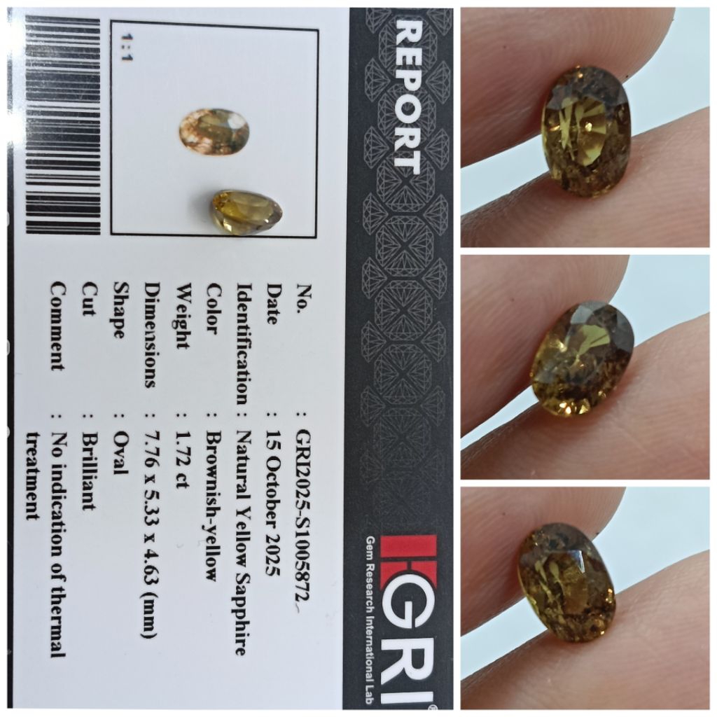 Natural Yellow Sapphire est.Ceylon 1,72ct Heat Only memo GRI Safir Top Kristal