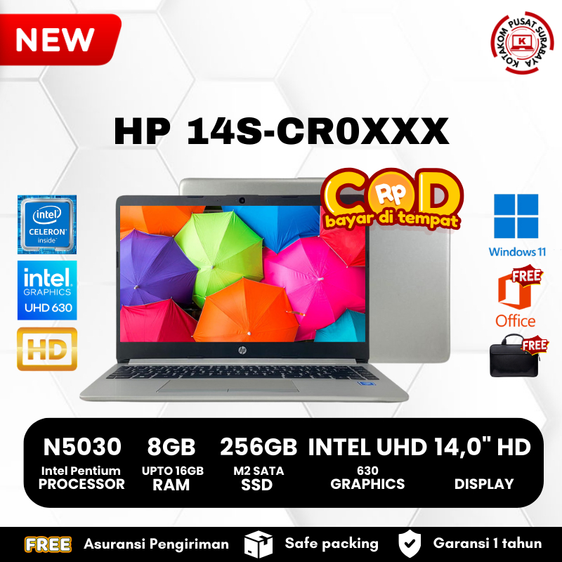 Laptop Murah HP 14S Intel N5030 Ram 8GB SSD 256GB Layar 14" Windows 11 Original - Silver