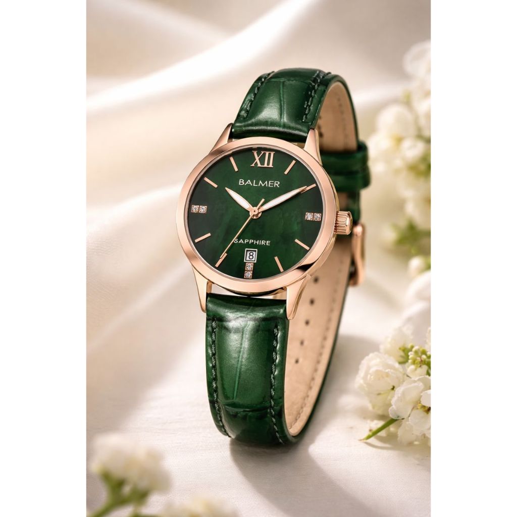 Jam Tangan Wanita BALMER 8198L Analog kulit hijau rose gold