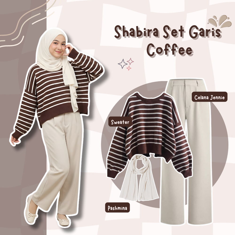 OOTD Set 3in1 Kekinian Outfit Remaja ( Shabira Sweater Garis + Celana Jennie Knit + Hijab Pashmina )