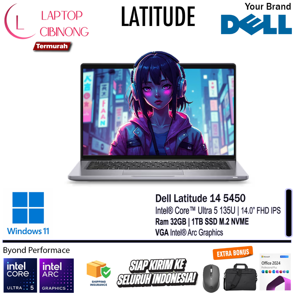 Laptop Dell Latitude 14 5450 Intel Ultra 5 135U Ram 32GB FHD IPS Windows 11 Pro Office 2024 Grey