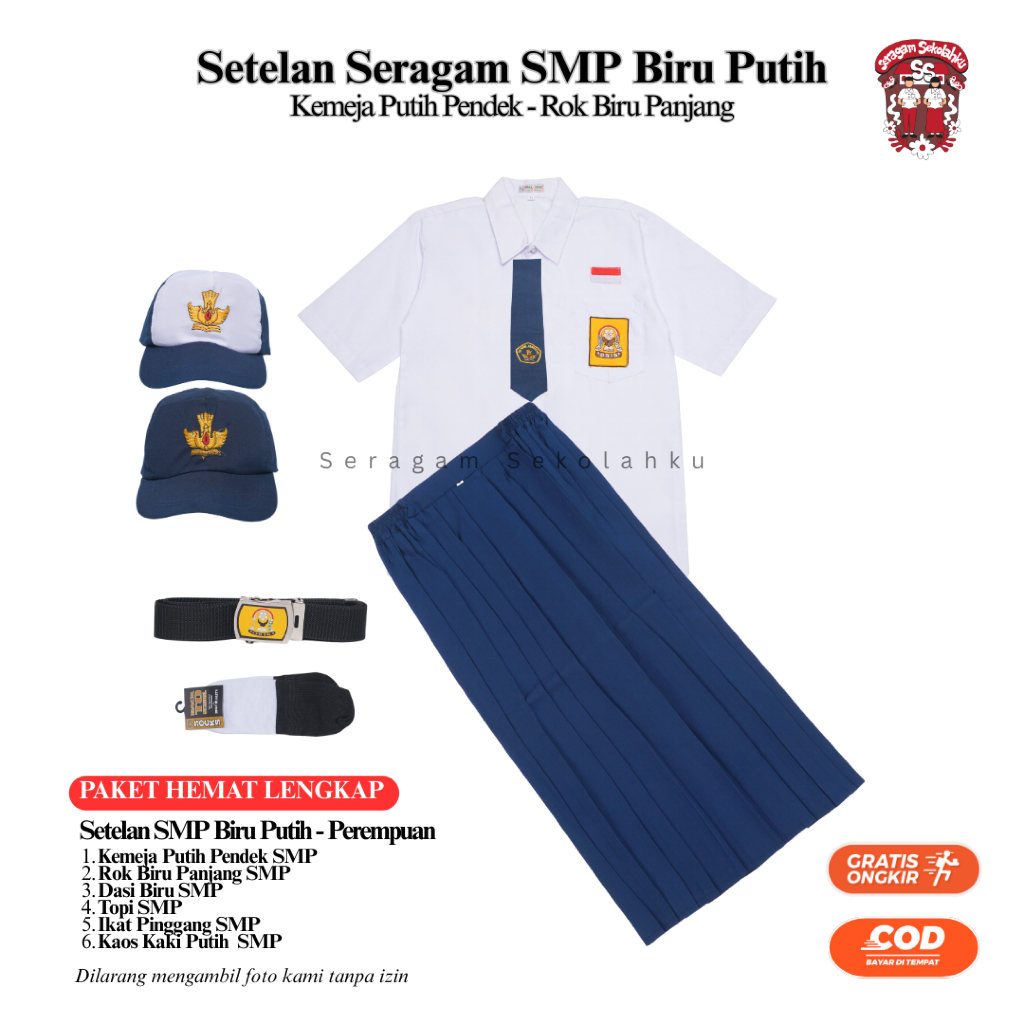 Setelan Super Lengkap Seragam Sekolah SMP Biru Putih Anak Perempuan Baju Putih Lengan Pendek Rok Bir